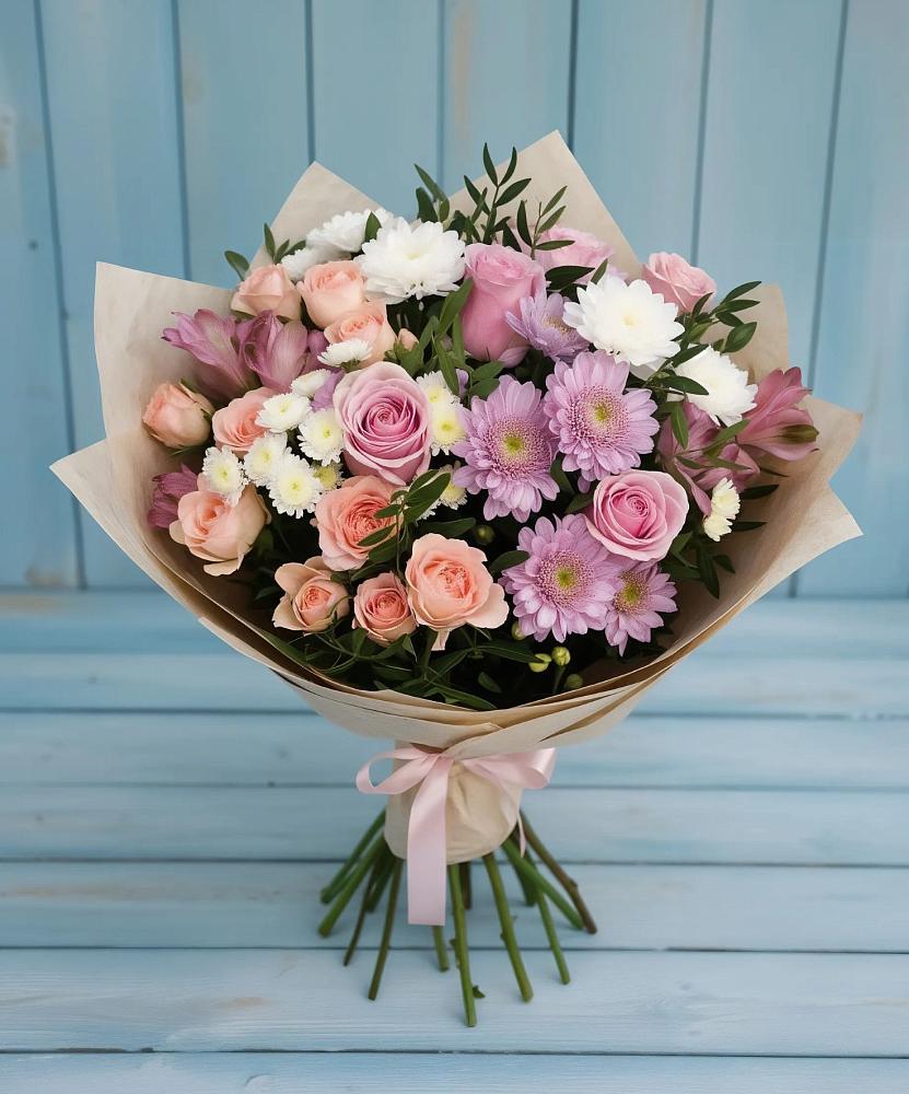 Букет цветов из: Хризантемы, Розы и Альстромерии в Клишино